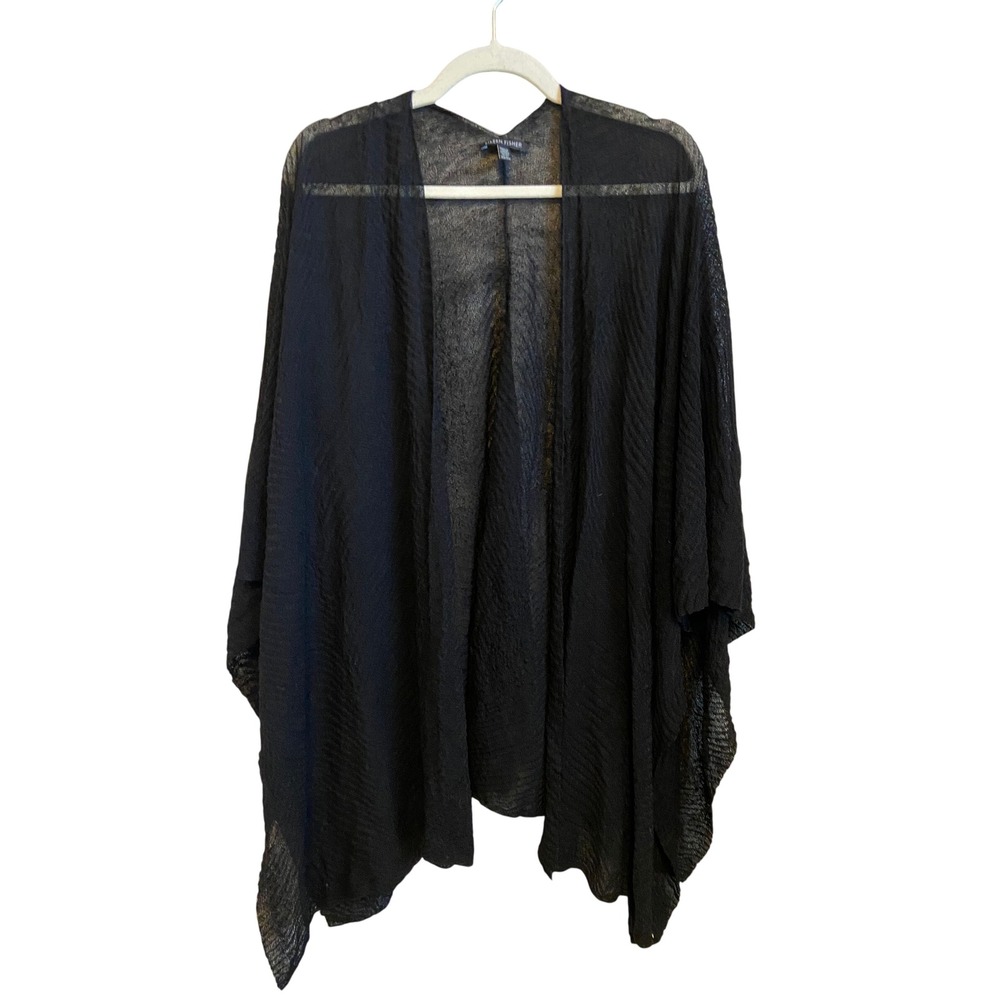 Eileen Fisher Black Hemp Blend Ripple Knit Open Front Cardigan OS